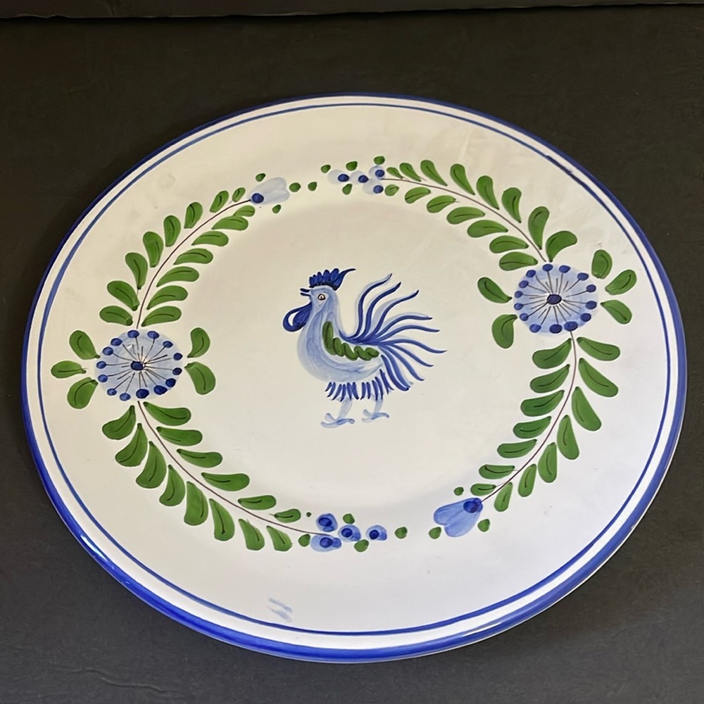 Vintage Made in Italy Hand Painted‎ Blue Rooster Ceramic Dinner Plate 11 Inch